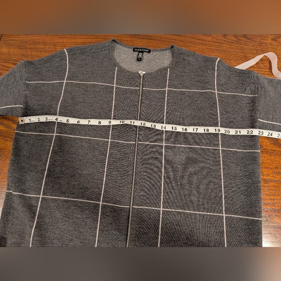 Eileen Fisher SP Sweater Gray Cardigan Full Zip Merino Wool Windowpane Stripes - Picture 9 of 11